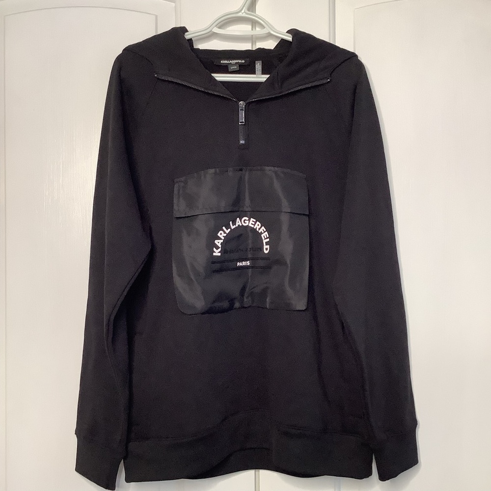 KARL LAGERFELD PARIS Longitude/Latitude Black Pullover Slim Hoodie Logo Poccket